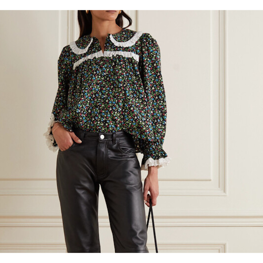 DOEN Amie Cottagecore Floral Victorian Bib Collar Blouse Size Large